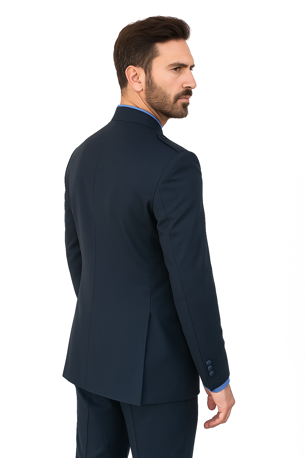 Mandarin Collar Tuxedo - Mandarin Tuxedo - No Collar Suit - Navy Blue Suit - 38 Short Jacket+32 Waist Adjustable 28to34)(Height: 5’4”to5’7”)(Neck 15-16.5)S-M)
