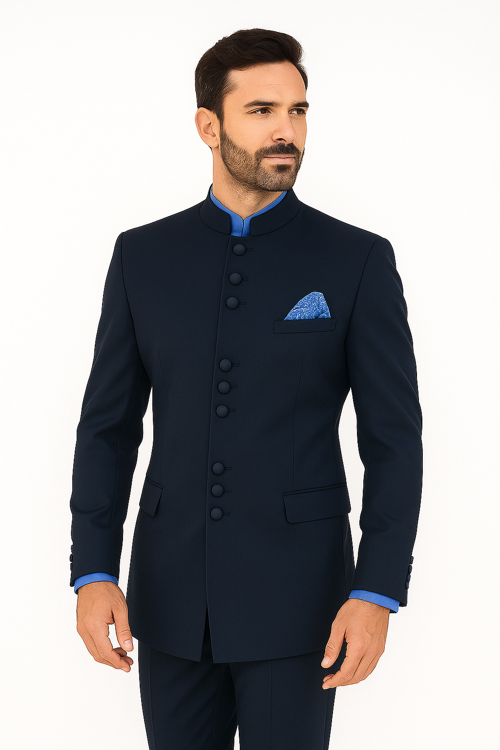 Mandarin Collar Tuxedo - Mandarin Tuxedo - No Collar Suit - Navy Blue Suit - 38 Short Jacket+32 Waist Adjustable 28to34)(Height: 5’4”to5’7”)(Neck 15-16.5)S-M)