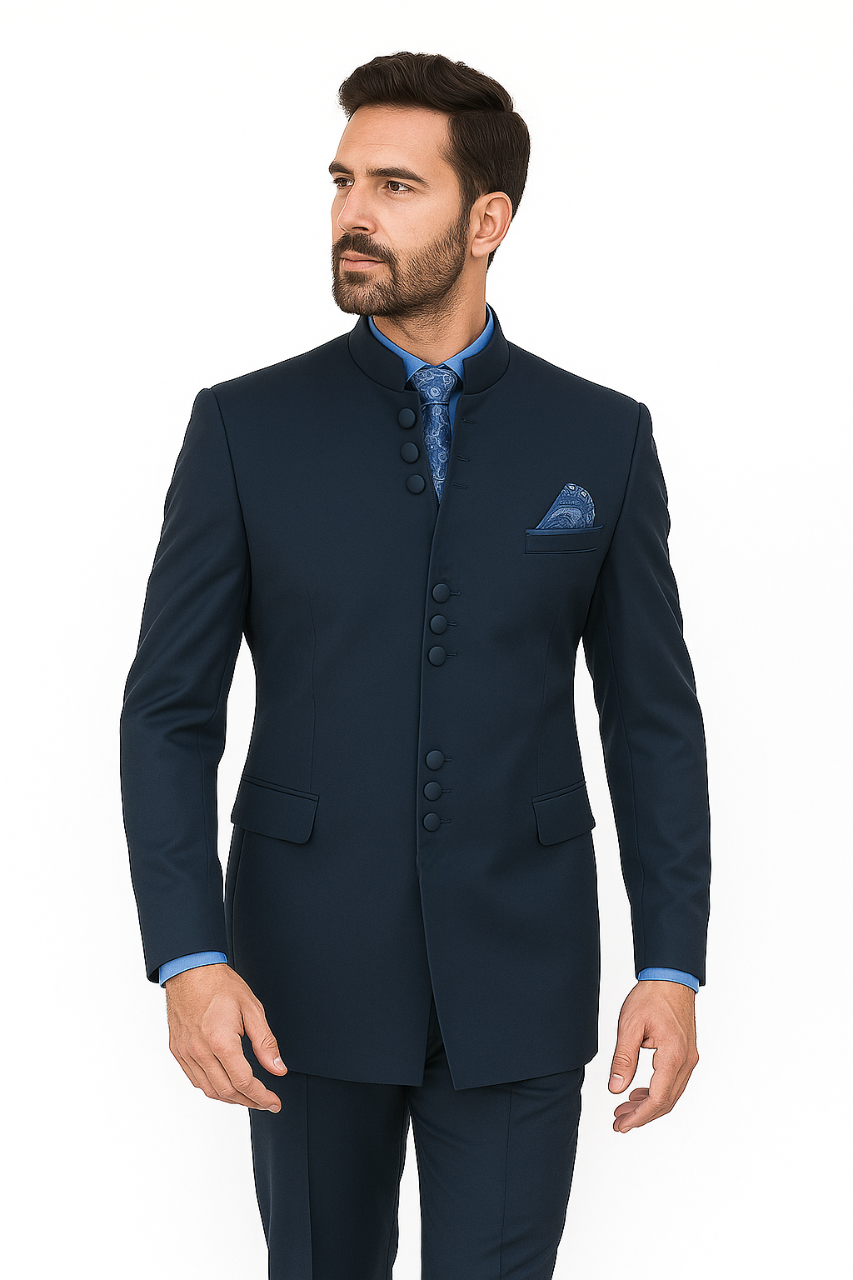 Mandarin Collar Tuxedo - Mandarin Tuxedo - No Collar Suit - Navy Blue Suit - 38 Short Jacket+32 Waist Adjustable 28to34)(Height: 5’4”to5’7”)(Neck 15-16.5)S-M)
