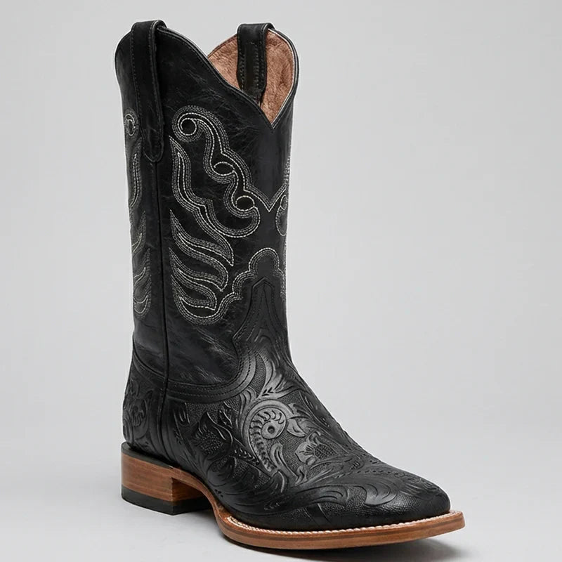 Mens White Diamond Boot Men's Black Hand-Tooled Western Boots Square Toe - 6