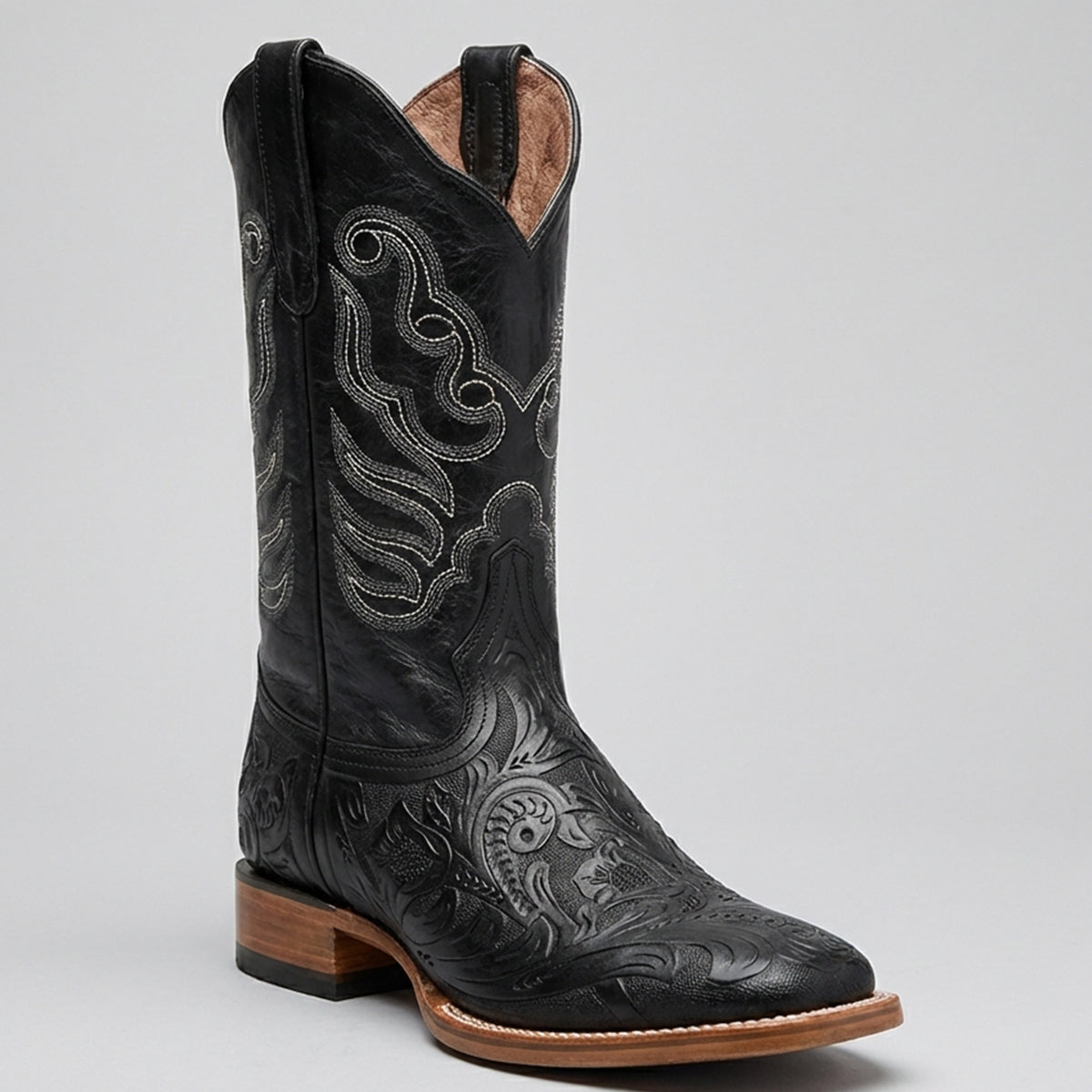 Mens White Diamonds Boots Black Hand-Tooled Western Boots Square Toe - Black