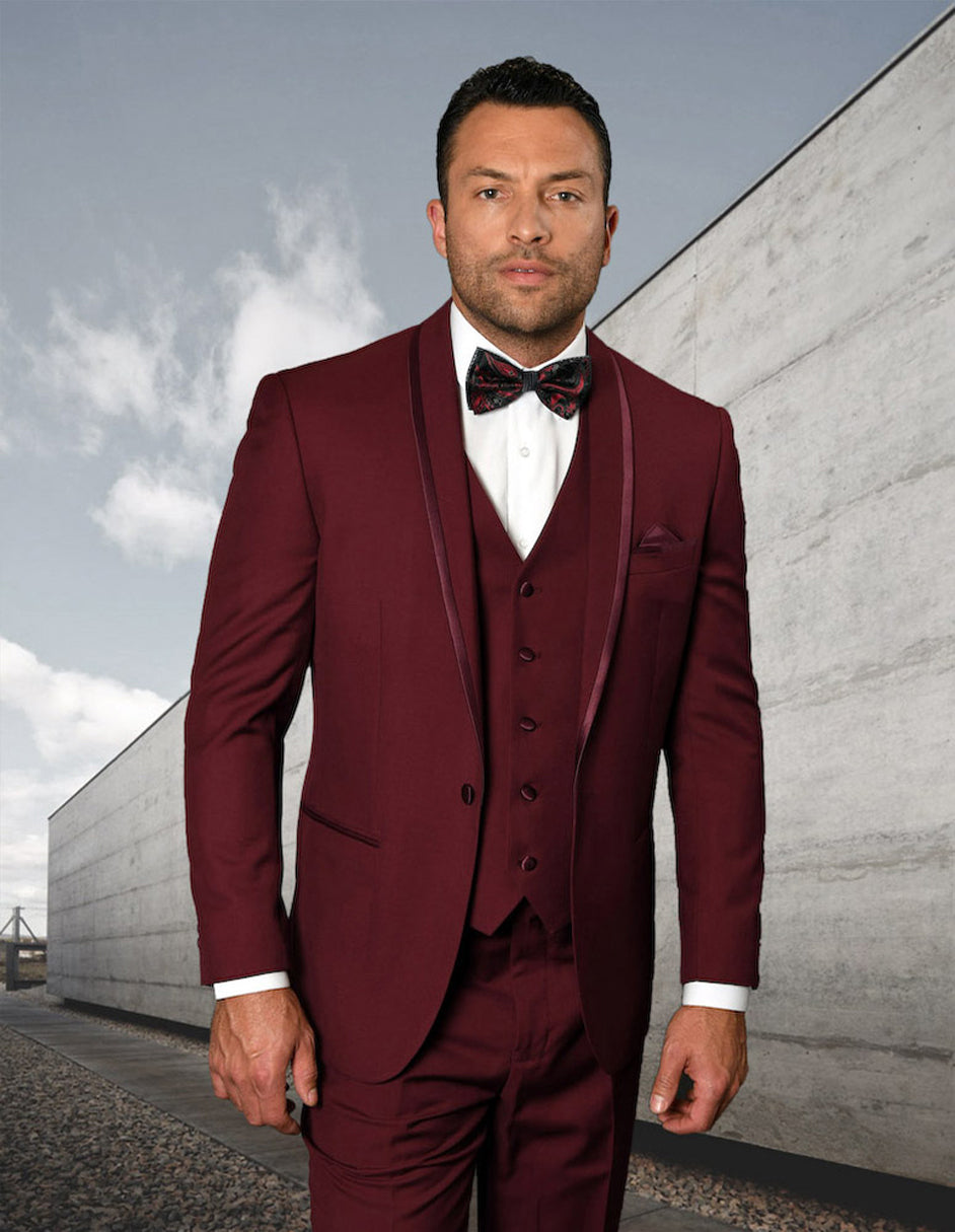 Mens Vested Shawl Lapel Tuxedo With Satin Trim in Burgundy - 36 Short