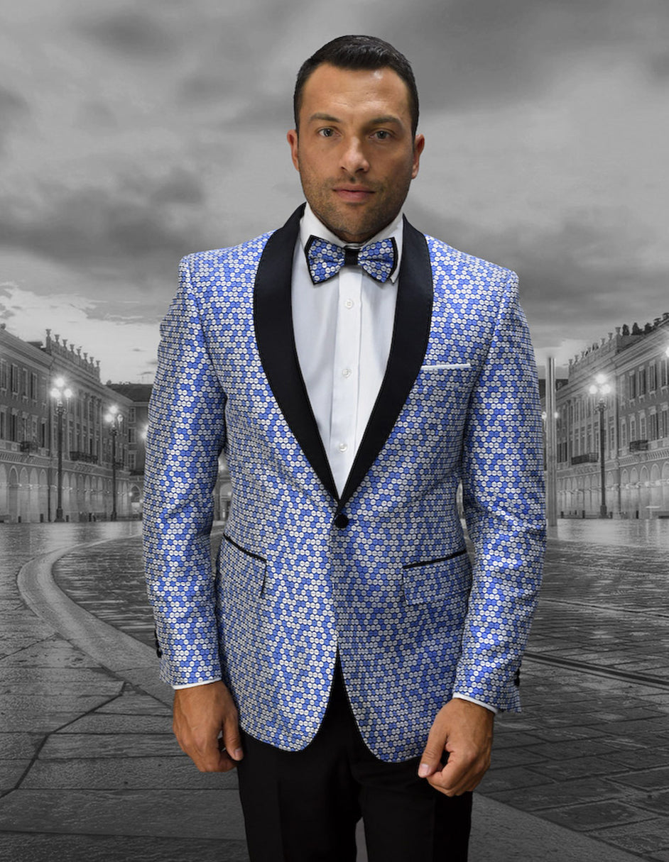 Mens Mini Circle Print Shawl Lapel Tuxedo in Royal Blue - 34 Short