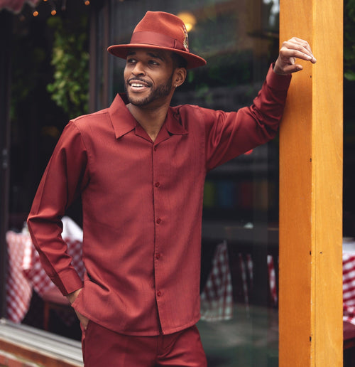 Cognac Tone-on-Tone Wave Texture Long Sleeve 2-Piece Walking Suit