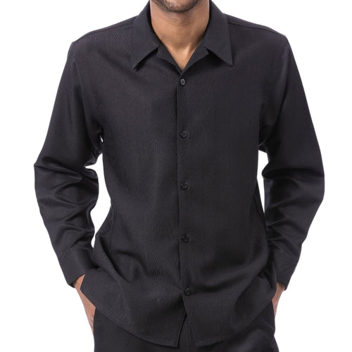 Black Tone-on-Tone Wave Texture Long Sleeve 2-Piece Walking Suit