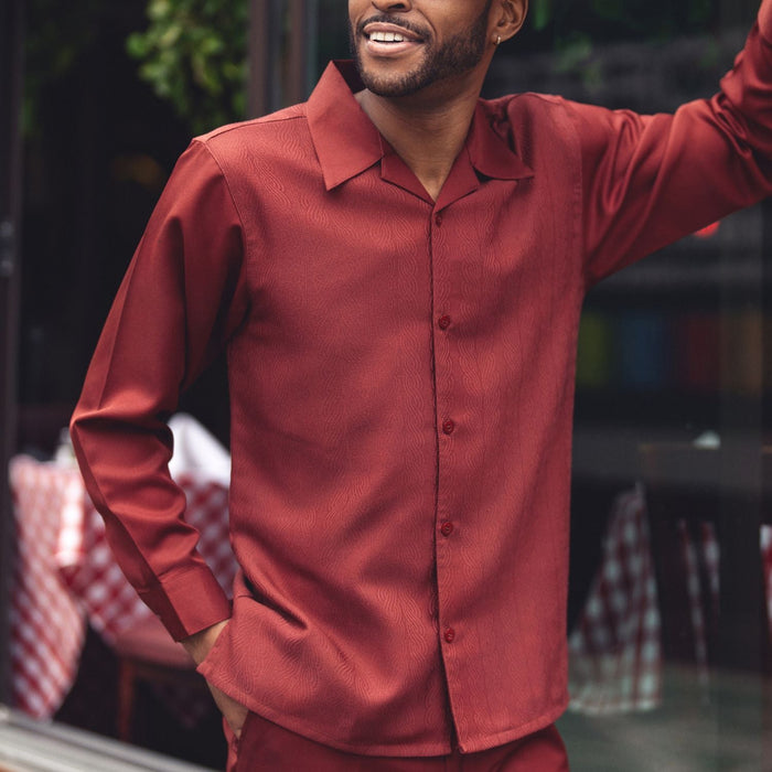 Cognac Tone-on-Tone Wave Texture Long Sleeve 2-Piece Walking Suit