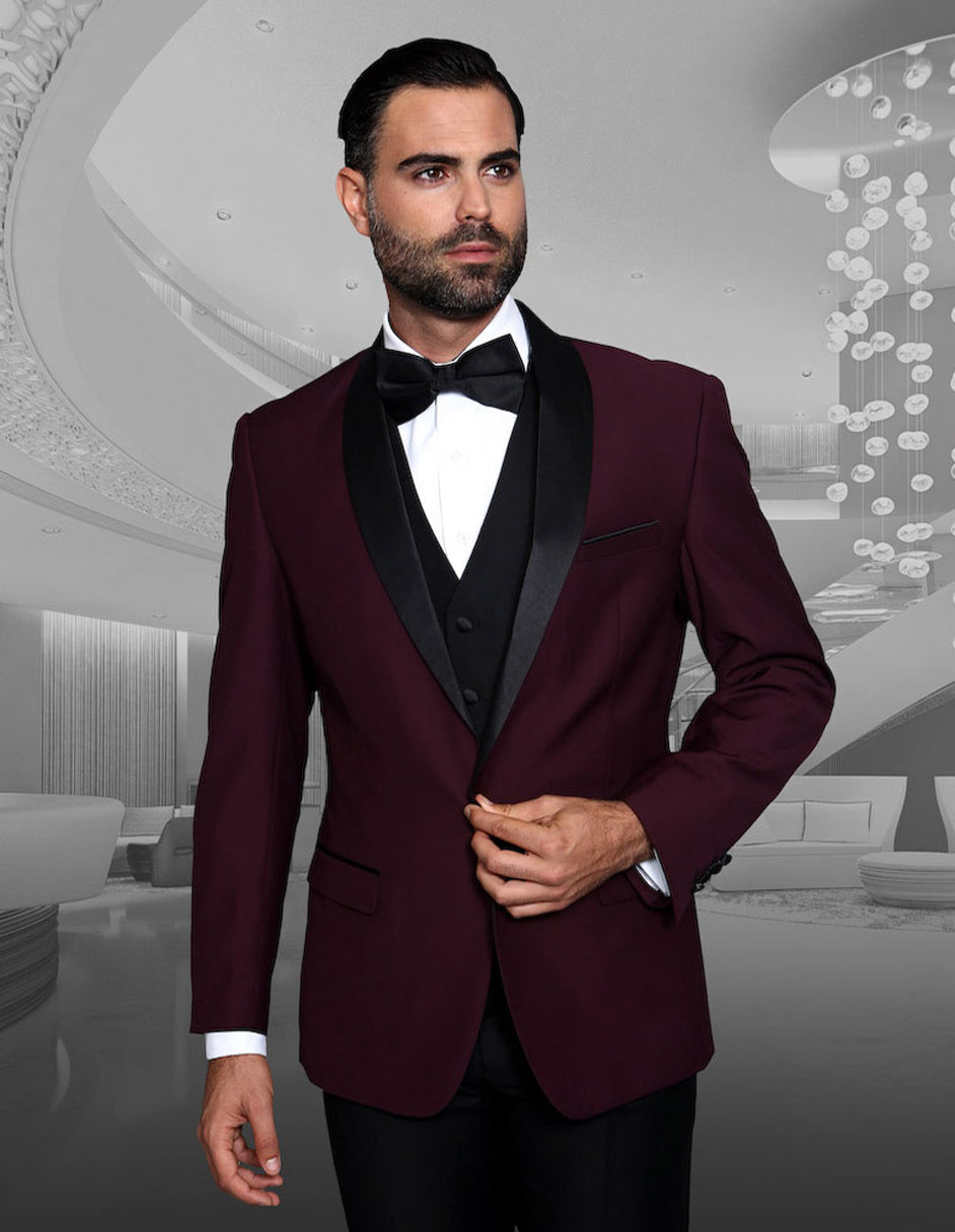 Mens Vested Wool Shawl Lapel Tuxedo in Burgundy - 40 Short