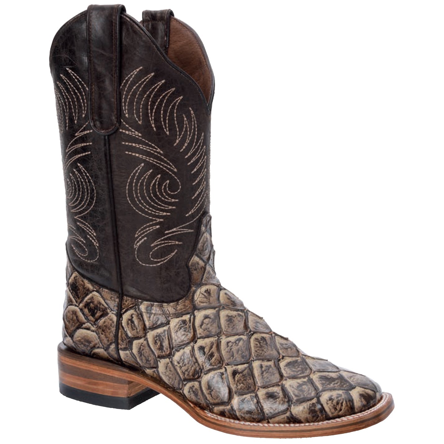 Mens White Diamonds Boots Fish Print Boots Square Toe - Brown