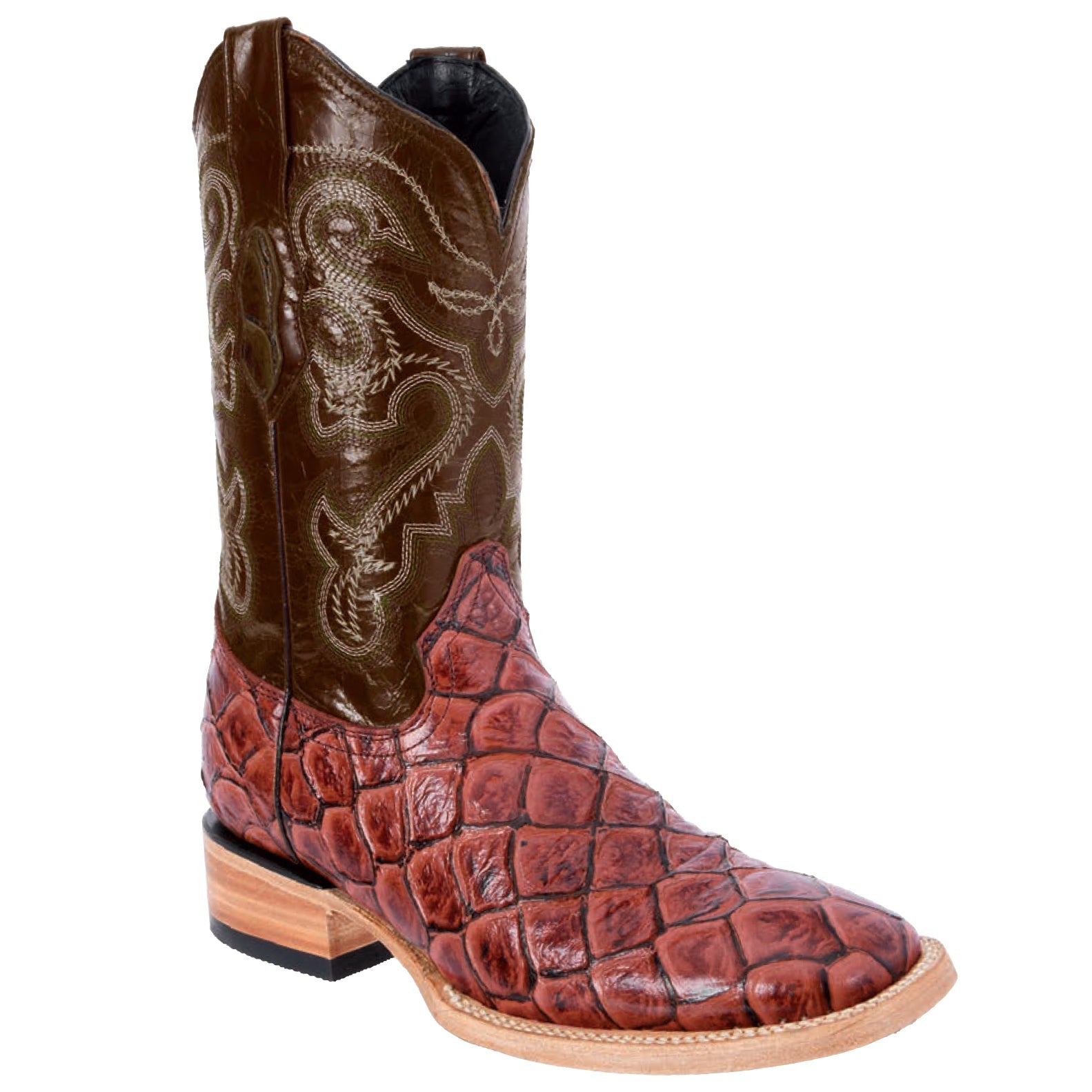 Mens White Diamonds Boots Fish Print Boots Square Toe - Cognac