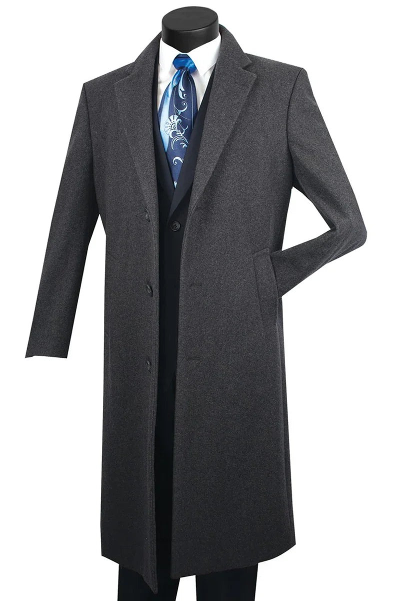Men's Charcoal Grey Wool & Cashmere Overcoat – Classic Full Length - Small