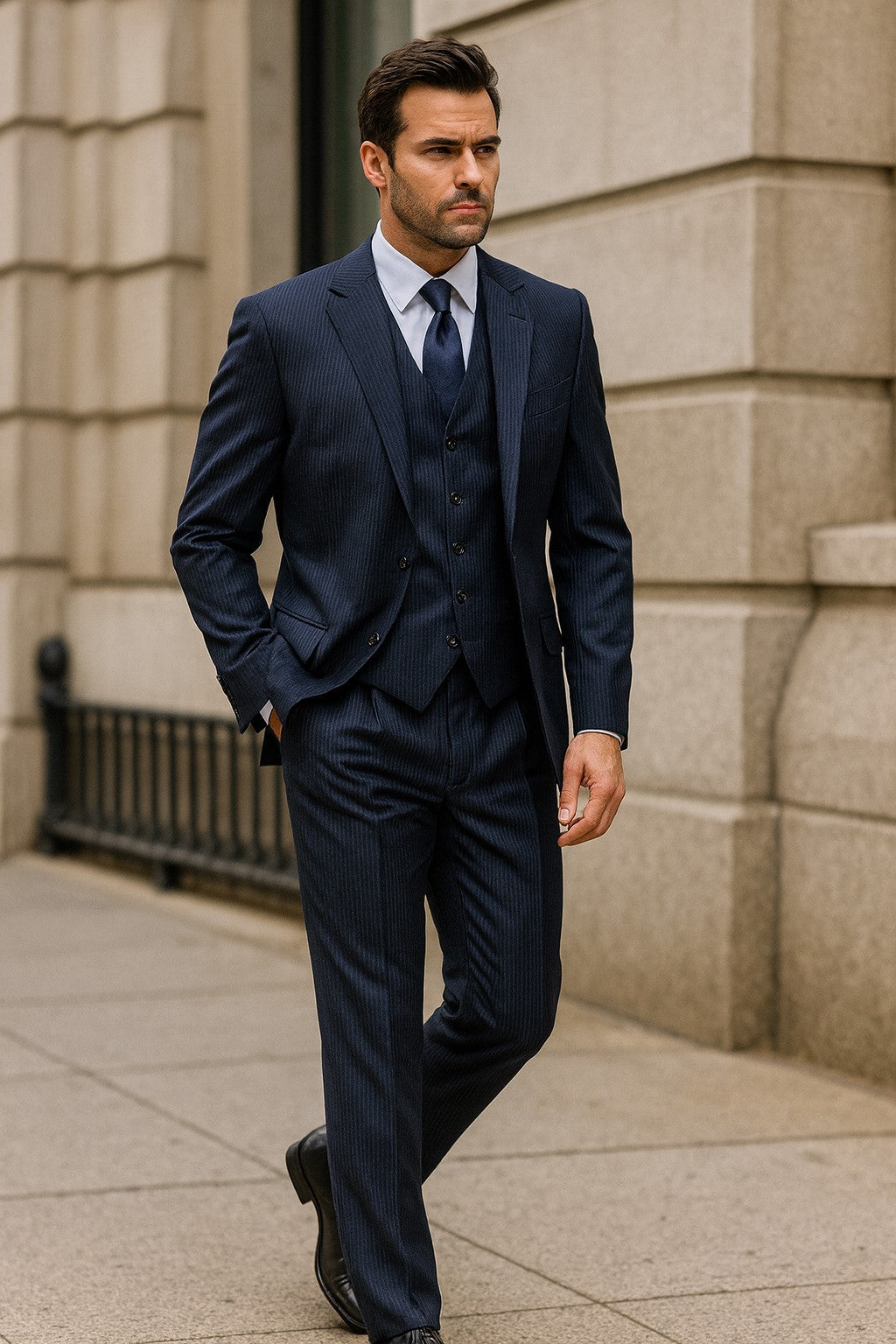 2BV Men's 3 Piece Dark Navy blue Suit For Men Mini Pinstripe ~ Stripe Conservative Italian Design Suit Vested Side Vent Flat Front Pants - 58R