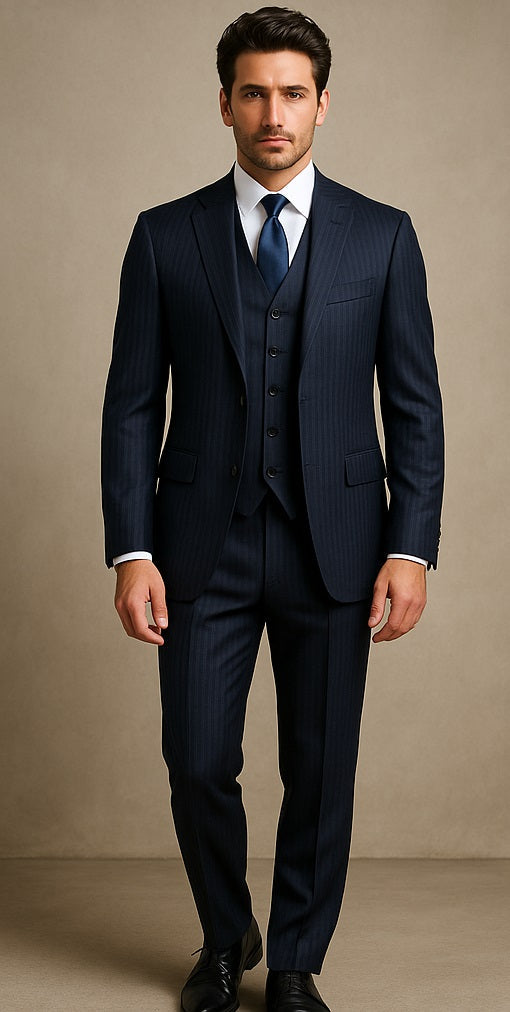 2BV Men's 3 Piece Dark Navy blue Suit For Men Mini Pinstripe ~ Stripe Conservative Italian Design Suit Vested Side Vent Flat Front Pants - 58R
