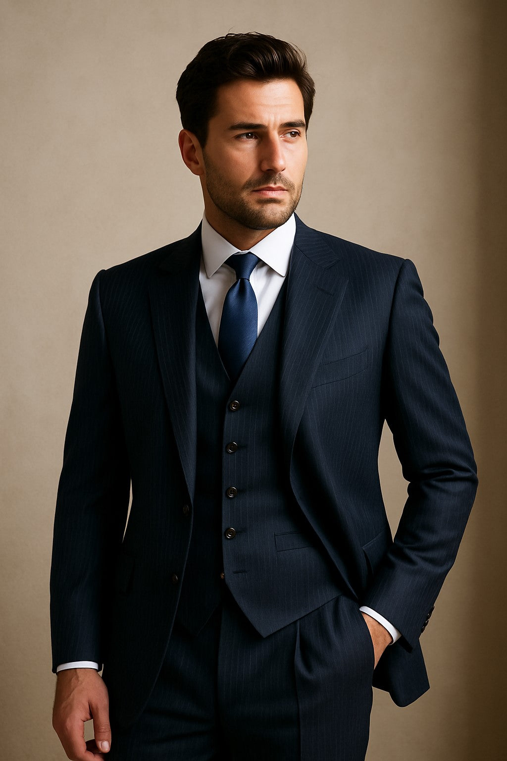 2BV Men's 3 Piece Dark Navy blue Suit For Men Mini Pinstripe ~ Stripe Conservative Italian Design Suit Vested Side Vent Flat Front Pants - 58R