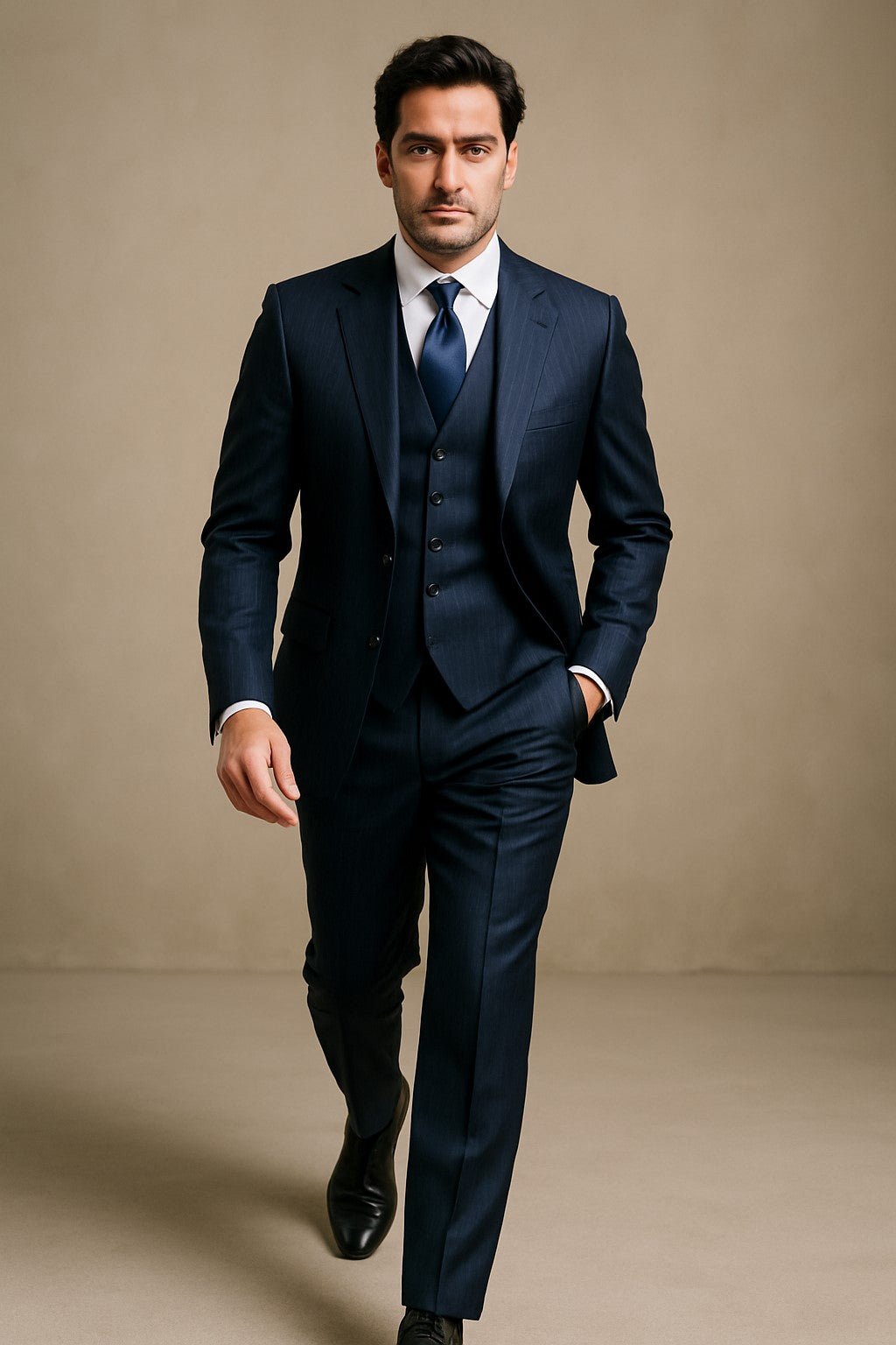 2BV Men's 3 Piece Dark Navy blue Suit For Men Mini Pinstripe ~ Stripe Conservative Italian Design Suit Vested Side Vent Flat Front Pants - 58R