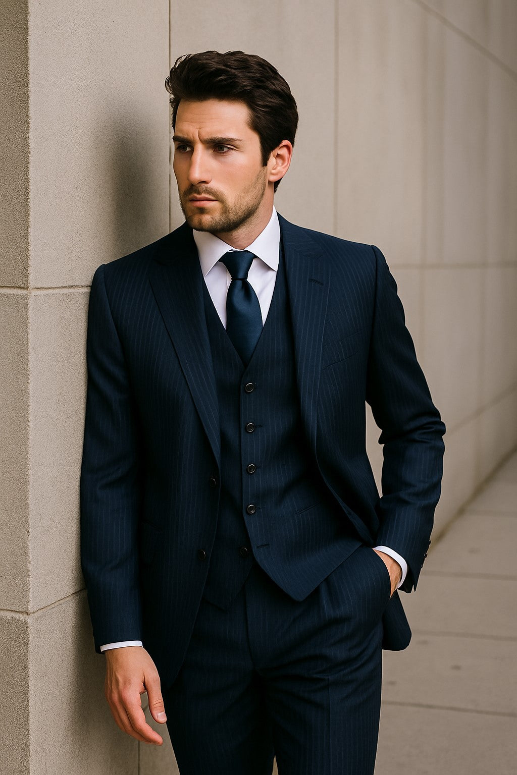 2BV Men's 3 Piece Dark Navy blue Suit For Men Mini Pinstripe ~ Stripe Conservative Italian Design Suit Vested Side Vent Flat Front Pants - 58R