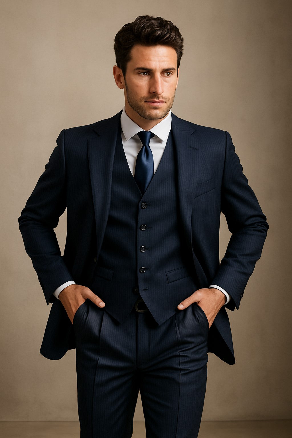 2BV Men's 3 Piece Dark Navy blue Suit For Men Mini Pinstripe ~ Stripe Conservative Italian Design Suit Vested Side Vent Flat Front Pants - 58R