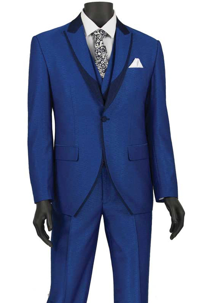 Mens 1 Button Trim Peak Vested Tuxedo Suit in Blue - 36 Short