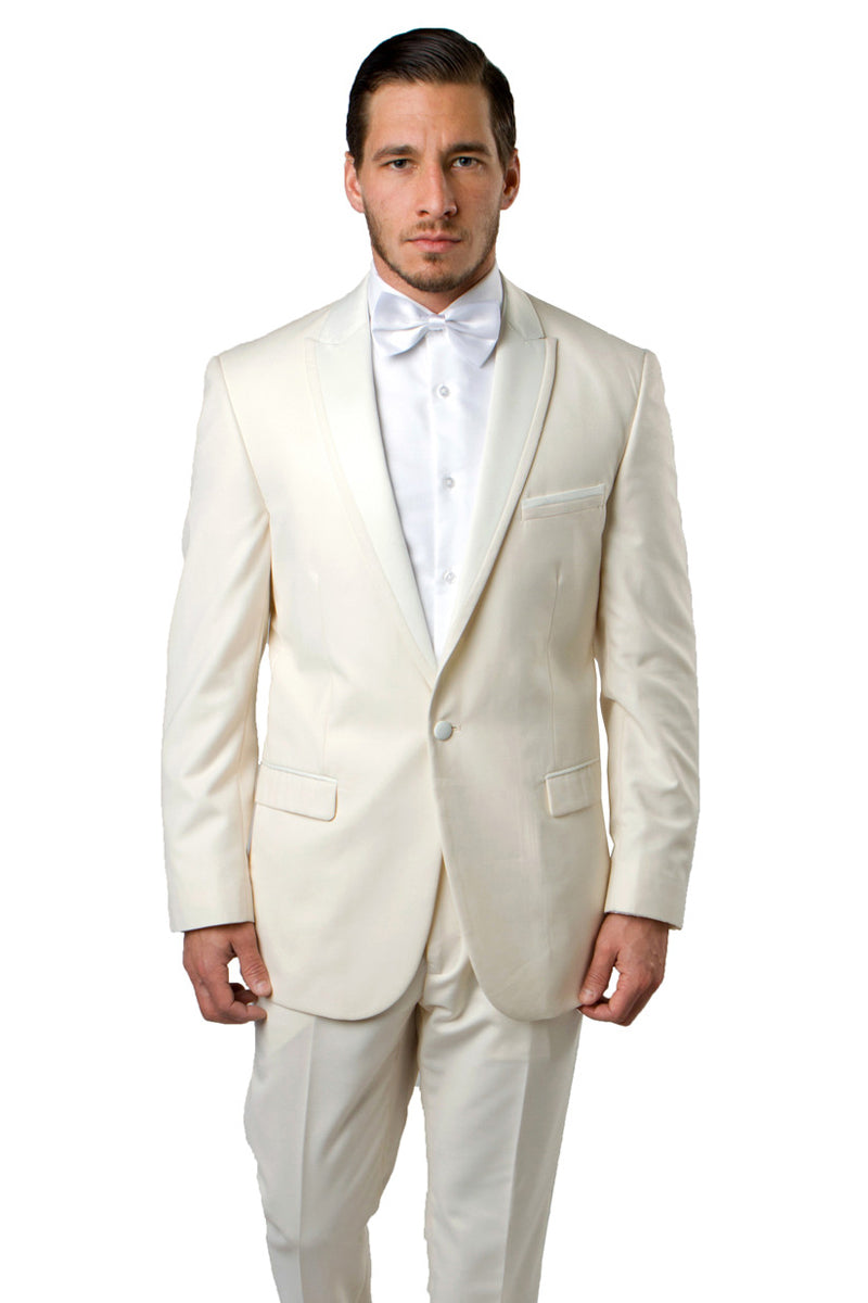 Ivory Men's Slim Fit Tuxedo - One Button, Satin Trim, Peak Lapel for Prom 2025 & Wedding - 34 Short