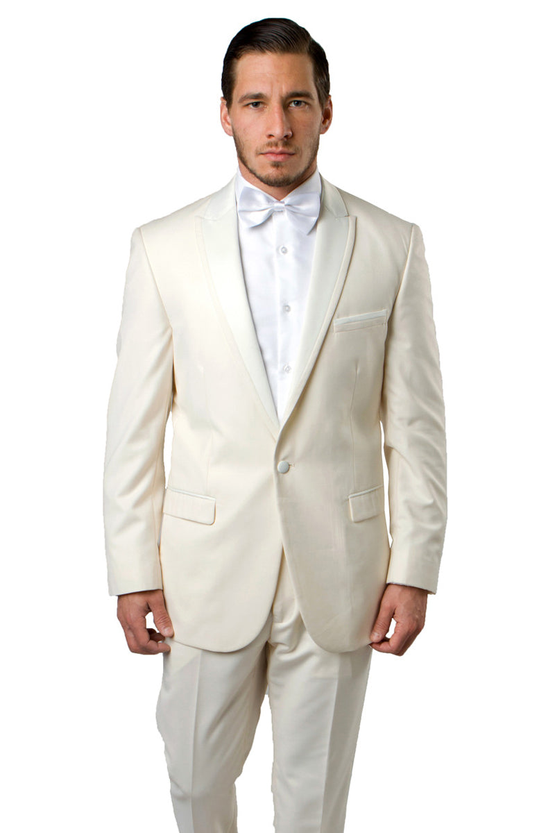 Ivory Men's Slim Fit Tuxedo - One Button, Satin Trim, Peak Lapel for Prom & Wedding