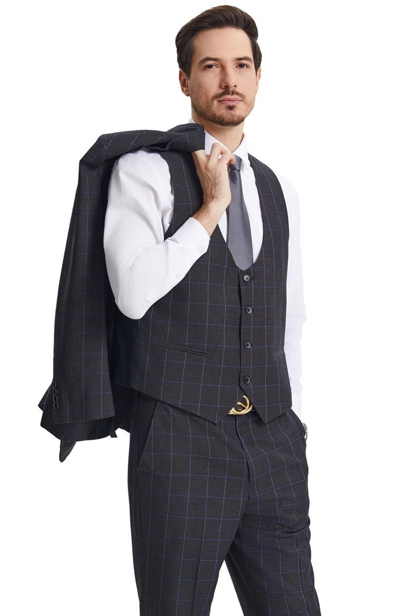 Men's Stacy Adams Peak Lapel Charcoal Grey Windowpane Plaid Suit with a Scoop Neck Vest - 38 Regular