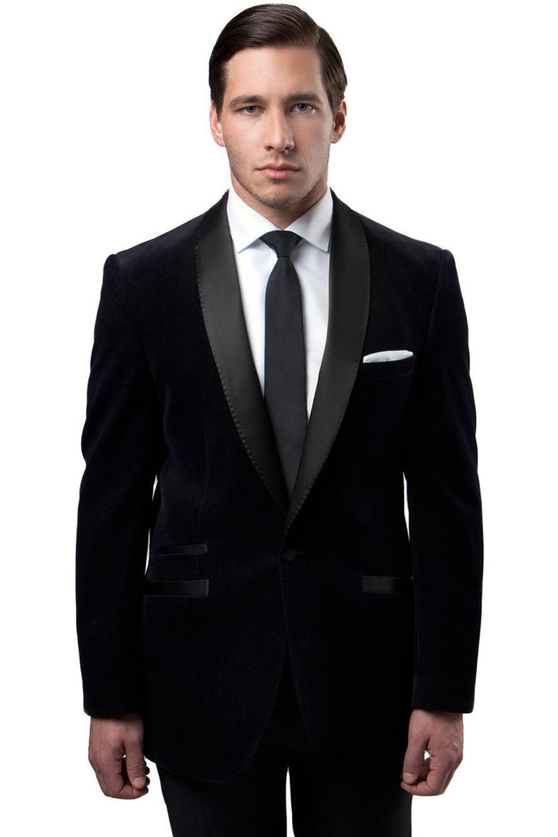 "Black Velvet Shawl Collar Tuxedo Jacket for Men - One Button Style"