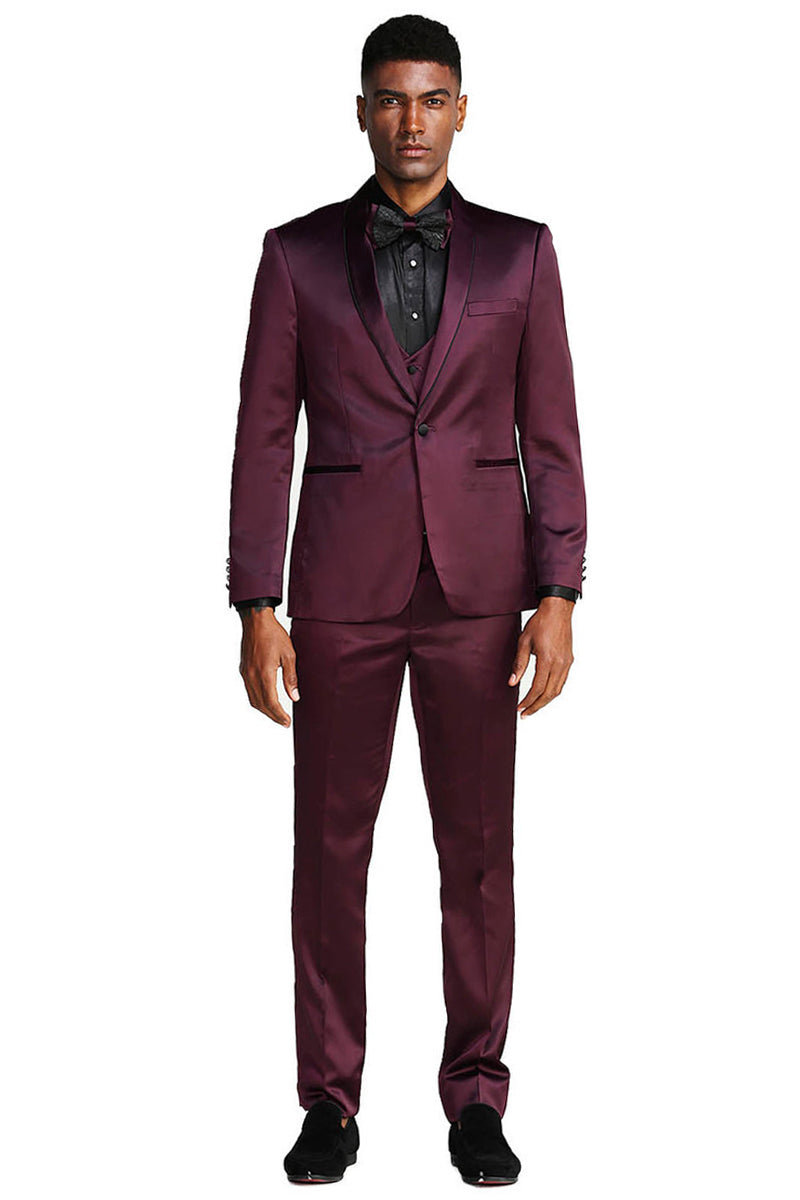 "Burgundy Men's Slim Fit Vested Satin Tuxedo Suit for Prom & Wedding"