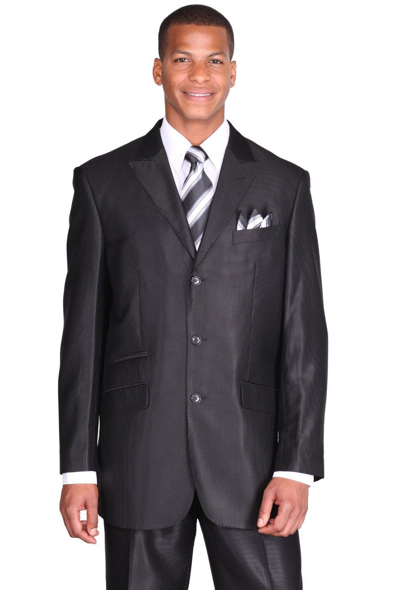 Sharkskin Black Men's Suit - 3 Button Peak Lapel Micro Pinstripe - 56 Regular