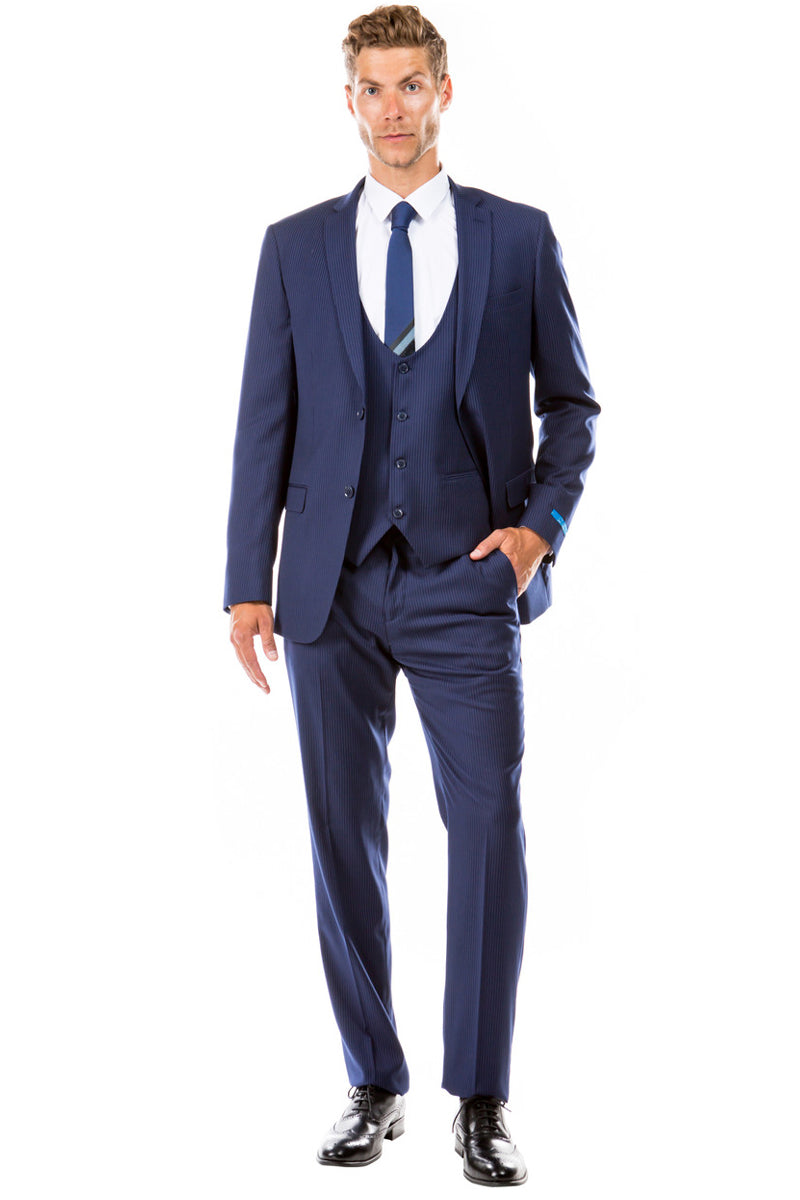 "Men's Hybrid Fit Pinstripe Business Suit - Two Button Vested, Navy Blue" - 34 Short