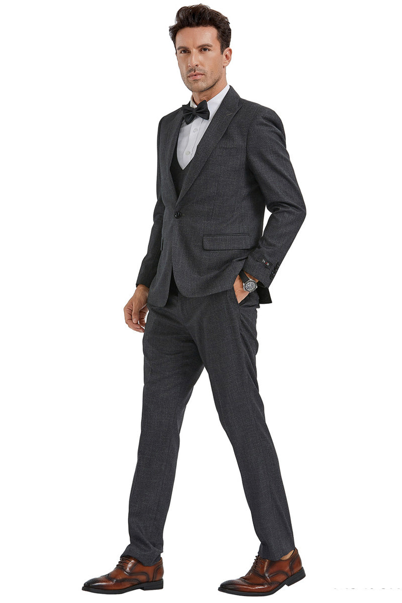 "Charcoal Sharkskin Men's Slim Fit Suit with Peak Lapel & Double Breasted Vest"