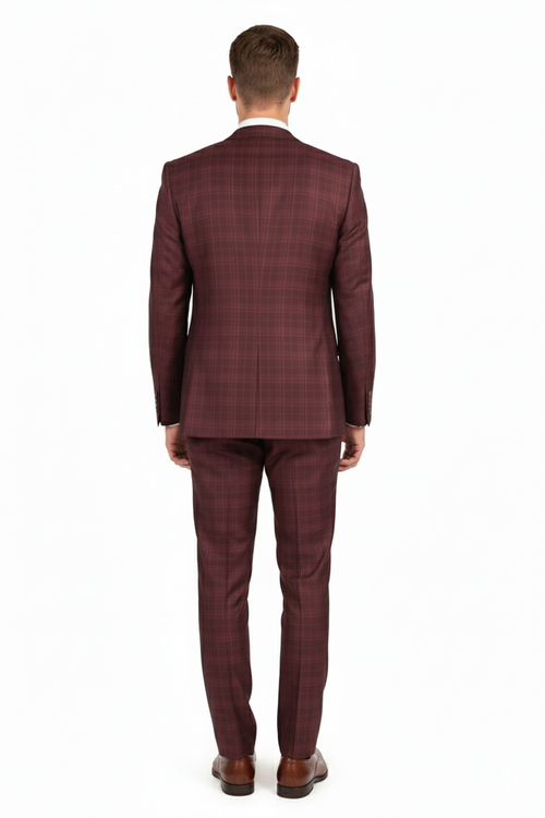 Mens Burgundy Checkered 3-Piece Suit Windowpane Classic Fit Plaid Blazer with Vest and Pants