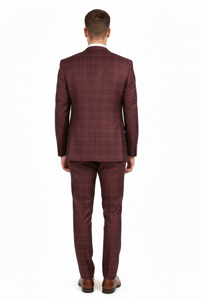 Mens Burgundy Checkered 3-Piece Suit Windowpane Classic Fit Plaid Blazer with Vest and Pants