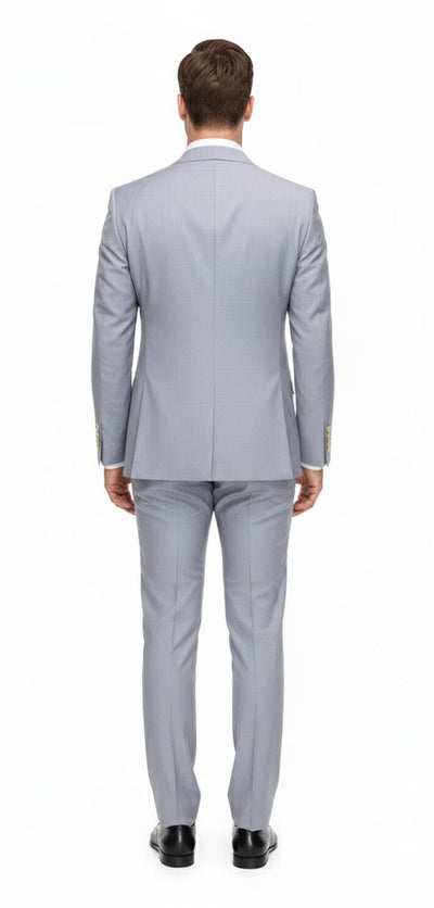 Mens Silver Grey Double-Breasted 3-Piece Suit Classic Tailored Fit with Peak Lapel and Gold Buttons for Weddings, Church and Formal Events
