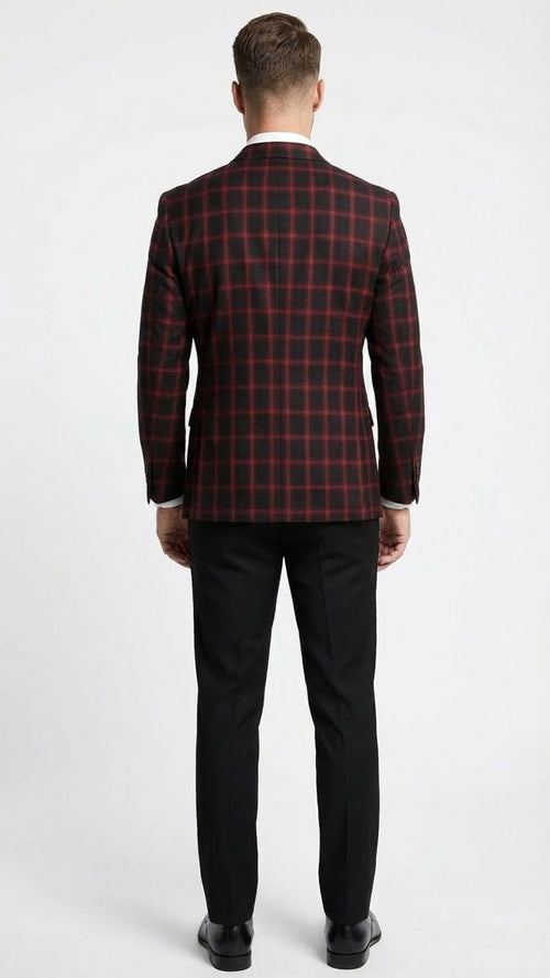 Mens Black and Red Check Double Breasted Blazer Sport Coat Jacket Windowpane Sportcoat Slim Fit