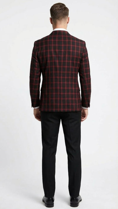 Mens Black and Red Check Double Breasted Blazer Sport Coat Jacket Windowpane Sportcoat Slim Fit