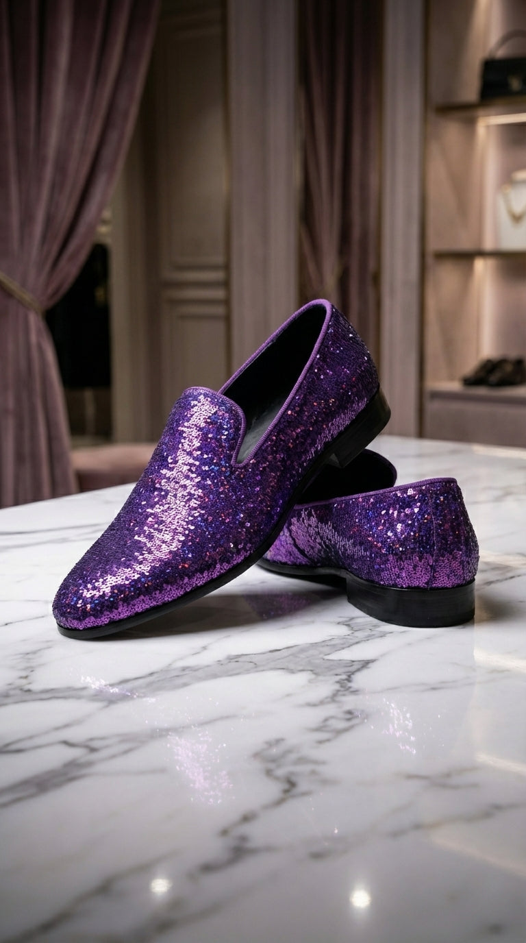 Mens Purple Sequin Dress Shoes Slip on  – Luxury Slip On Formal Loafers Wedding Prom Party Designer Footwear - 6 Standard / D / Medium