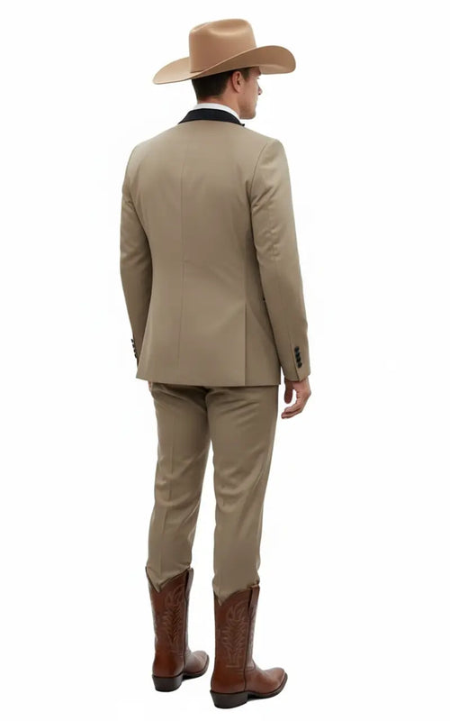 Mens Western Cowboy Suit 3-Piece Tan Tuxedo with Black Lapel, Vest, and Pants Beige  Color