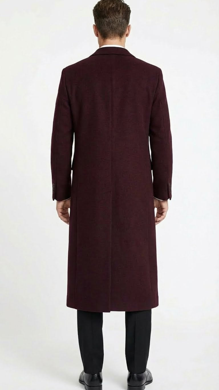 Men’s Burgundy Long Coat – Classic Fit Wool Blend Overcoat - Topcoat Full length - Coat Size 38