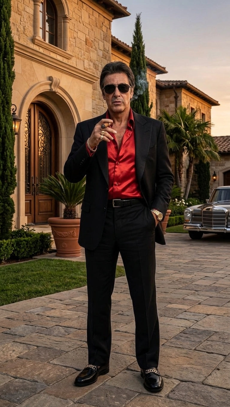 Tony Montana’s Black Blazer with Red Sateen Shirt – Men’s Black Formal Blazer and Red Satin Style Shirt Outfit for Party, Wedding and Vintage Wear - 36 Short