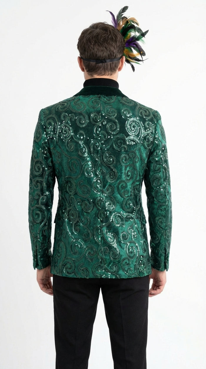 Mens Emerald Green Mardi Gras Blazer with Black Satin Lapel Paisley Swirl Pattern Formal Party Jacket