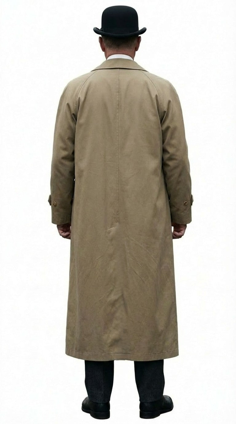 Men’s Beige Cotton Trench Coat Suit Package – Classic Long Overcoat for Formal + Suit + Hat - Coat Size 38