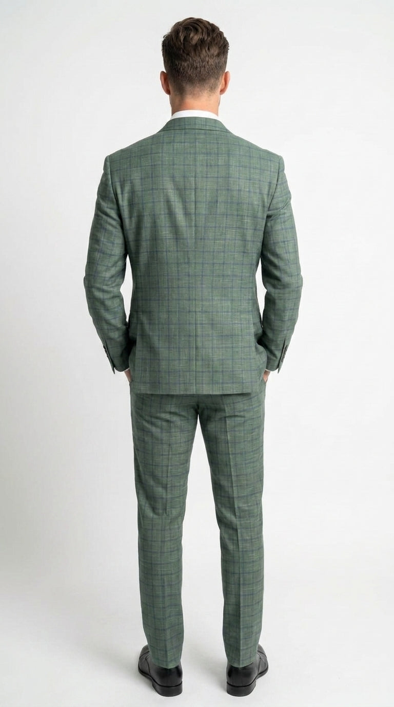 Men’s Tartan olive Green with blue checker Windowpane 2-Piece Suit – Modern Fit Plaid, Business and Formal Suit english styl - 34 Short or Extra Small