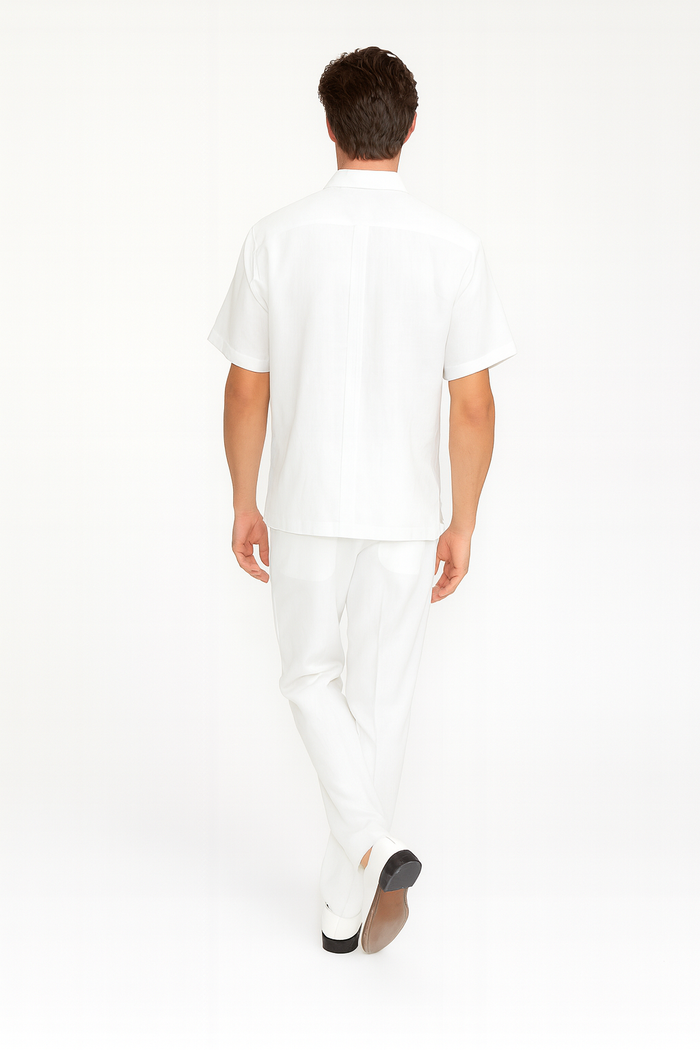 Mens Linen White Embroidered Guayabera Two-Piece Set â€“ Short Sleeve Shirt and Pants - Summer Walking Suit