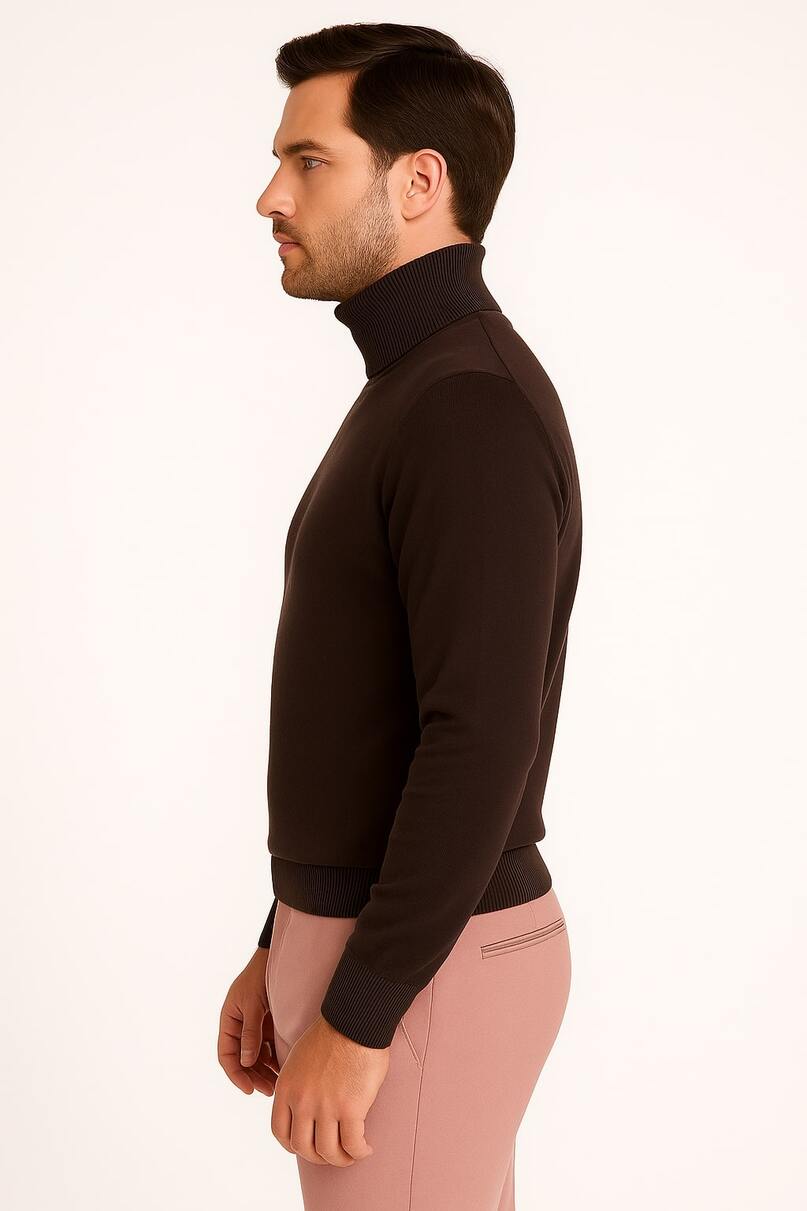 Men's Brown Turtleneck Sweater – Classic Slim Fit Knit Pullover for Fall and Winter - S