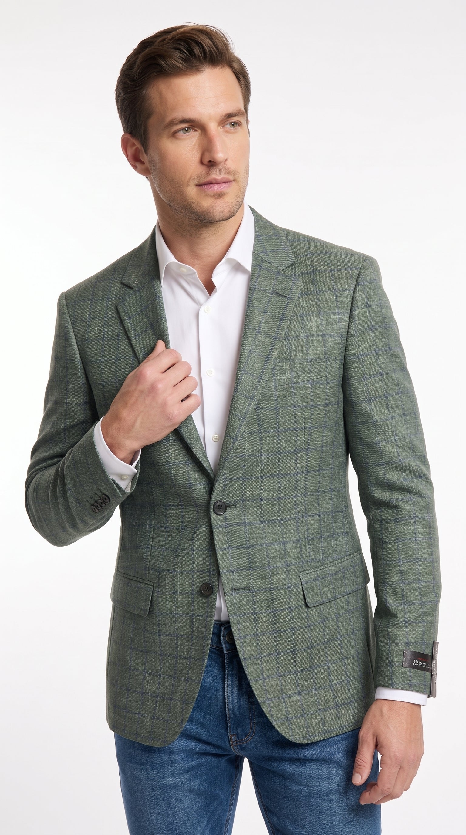 Men’s Sage Green Windowpane 2-Piece Suit – Modern Fit Plaid Wedding, Business and Formal Suit - 36 Short