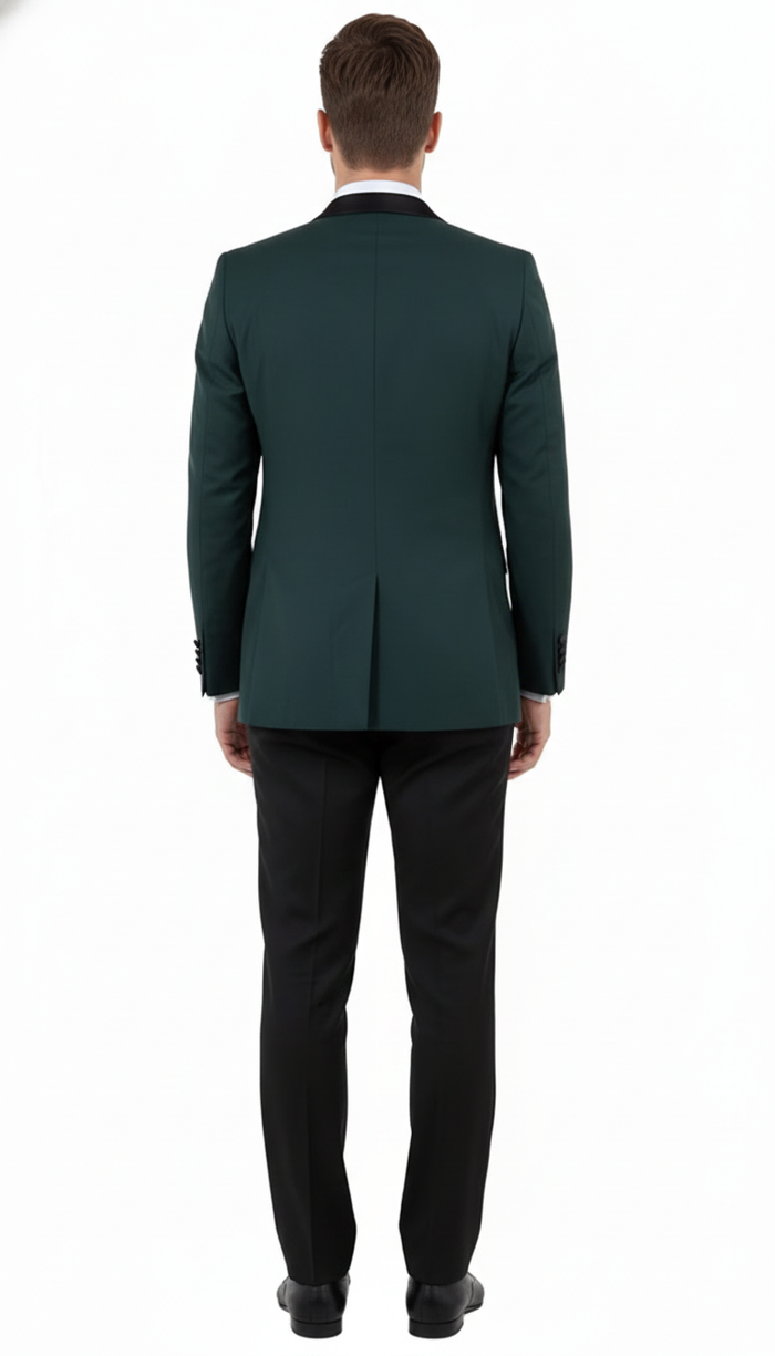 Mens Green Tuxedo Suit Slim Fit Jacket with Black Satin Shawl Lapel and Black Pants in Hunter Green