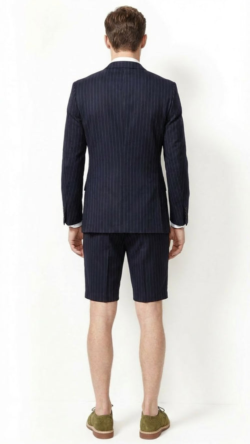 Mens Dark Navy Blue Pinstripe or Black Pinstripe  Summer Business Suit with Shorts Pants Set Sport Coat Style Formal and Casual Outfit