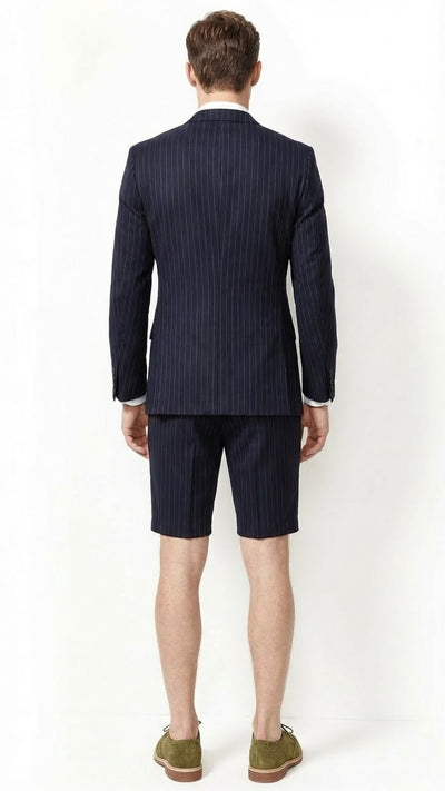 Mens Dark Navy Blue Pinstripe or Black Pinstripe  Summer Business Suit with Shorts Pants Set Sport Coat Style Formal and Casual Outfit