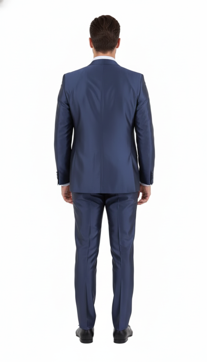 Mens Navy Blue Shiny Finish 3-Piece Suit Set Premium Tailored Fit Formal Wedding and Party Sateen Slim Fitted Suit