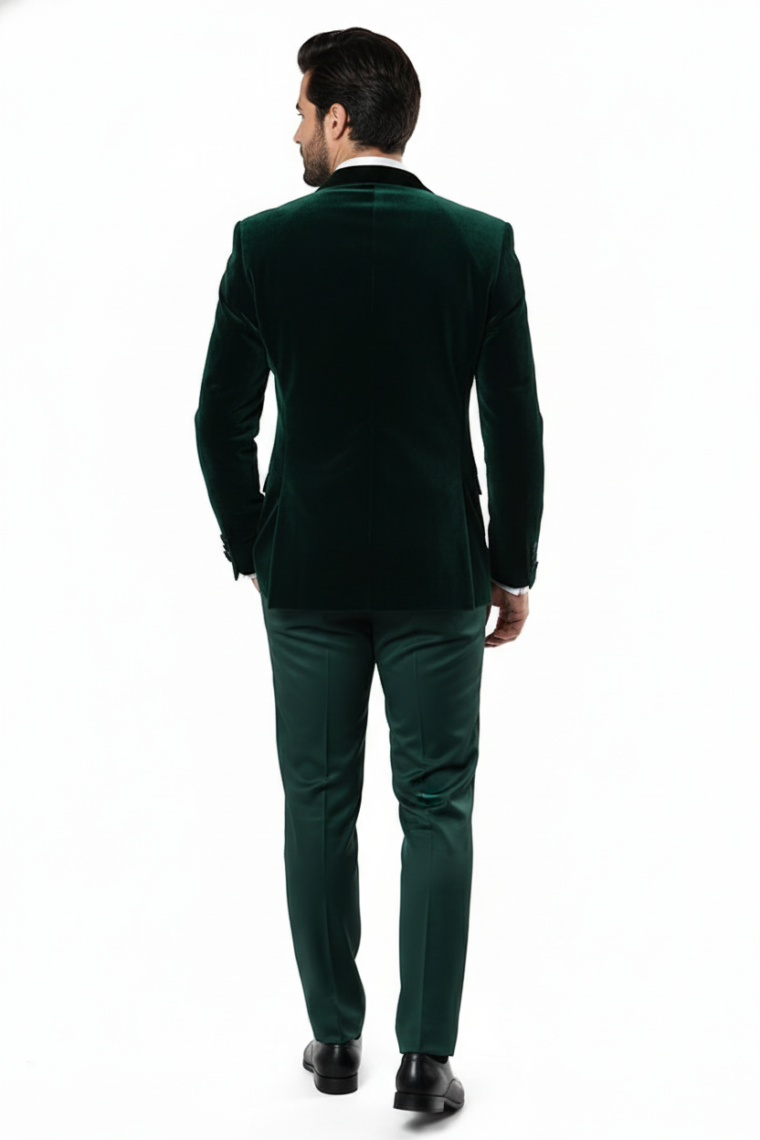 Men’s Dark Green Velvet Tuxedo Dinner Jacket – Slim Fit Formal Blazer with Satin Peak Lapel Lape - 36 Short