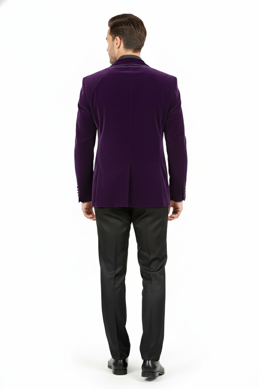 Mens Purple Velvet Blazer Luxury Slim Fit Formal Jacket with Black Satin Trim Tuxedo Dinner Jacket - XS
